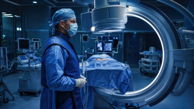 Surgeon in lead apron standing by C-arm machine in operating room