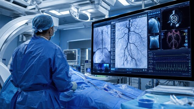 Surgeon monitoring angiography data on screen in hybrid OR