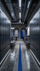 Obraz premium Modern Gym Locker Room Corridor With Blue Accent Line And LED Lighting