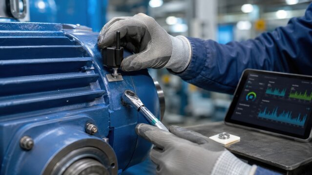 Technician installing wireless sensor on industrial motor