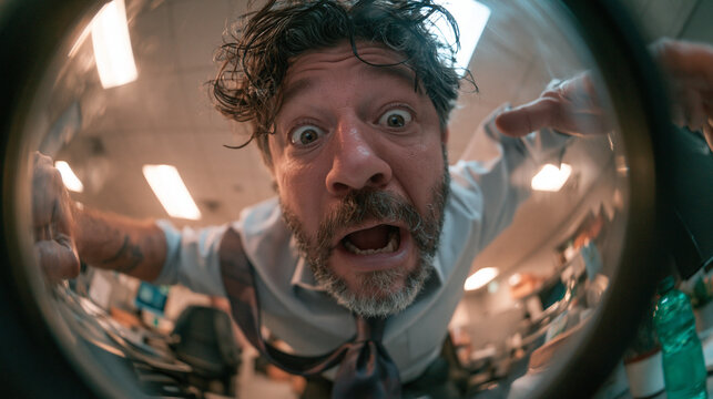 Stressed Businessman Staring in Panic Through Fisheye Lens