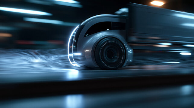Futuristic Electric Semi Truck Driving at Night with Motion Blur