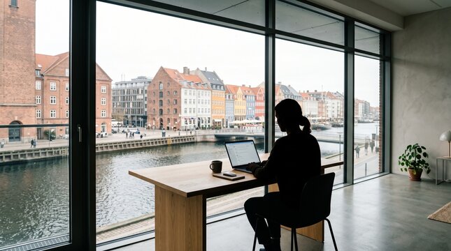 Woman Working on Laptop by Window Overlooking European Canal City