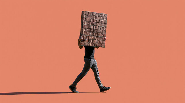 Man Carrying Heavy Brick Wall Block Representing Conceptual Burden