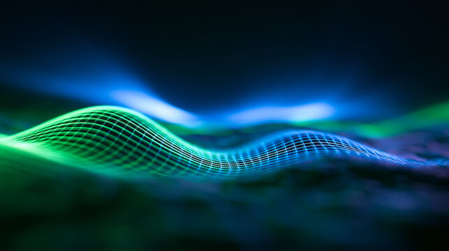 Abstract Digital Data Grid Wave with Blue and Green Glow