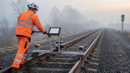 Fototapeta premium Rail technician measuring track geometry with laser trolley in fog
