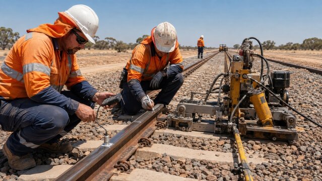 Railway workers measuring track temperature for maintenance