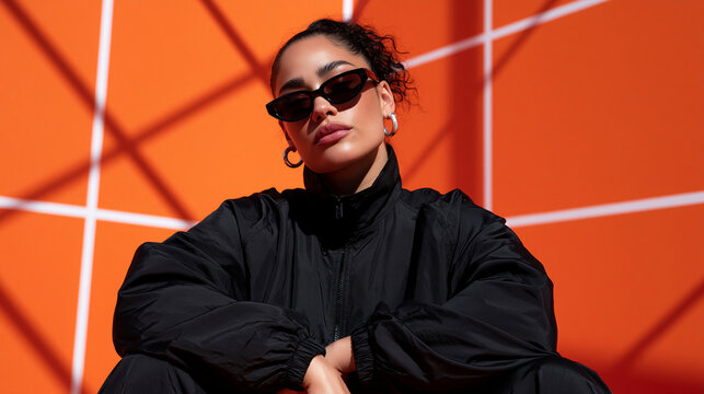 Stylish Young Woman in Sunglasses Posing Against Orange Background
