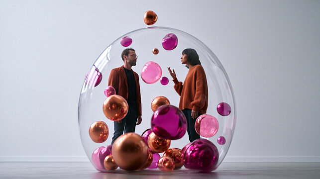 Man and Woman Communicating Inside Transparent Conceptual Bubble