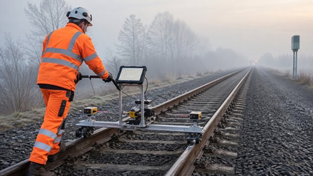 Rail technician measuring track geometry with laser trolley in fog