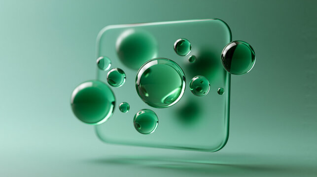Abstract Green Glass Spheres Floating Around Translucent Glass Panel