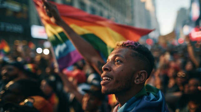 Young Black Man Holding Rainbow Flag at Pride Parade