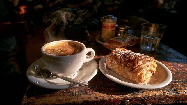 Hot Steaming Coffee Cup and Fresh Pastry on Wooden Cafe Table