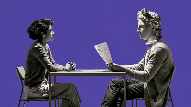 Woman in Job Interview Sitting Across Classical Statue