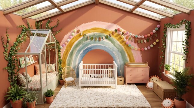 Modern Boho Baby Nursery Interior with Rainbow Wall Mural