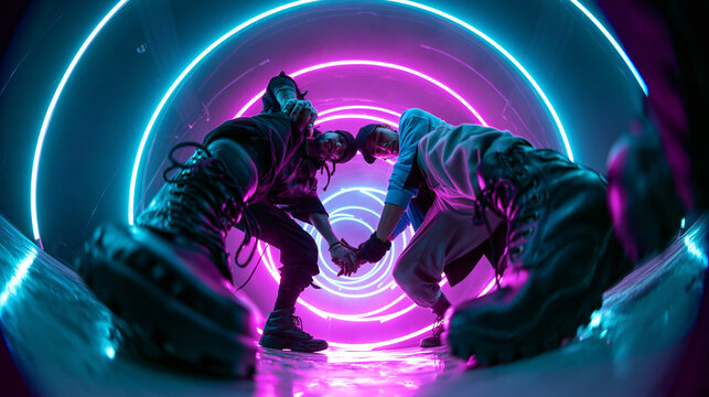 Young People Standing Together in Futuristic Neon Light Tunnel