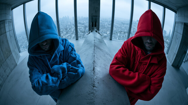 Two Hooded Figures in Red and Blue Standing in Modern Skyscraper