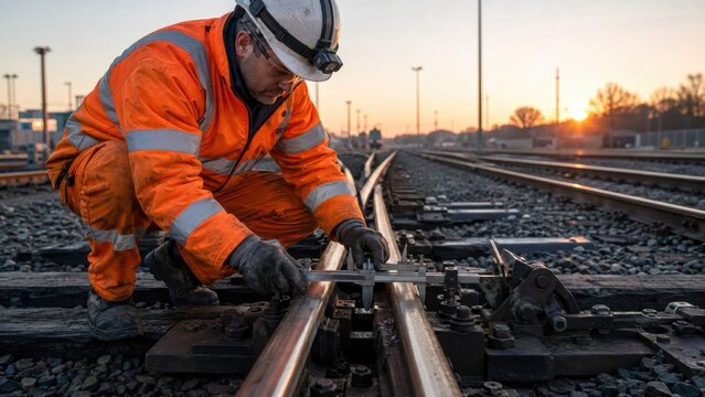 Rail signal maintainer measuring switch point at dawn
