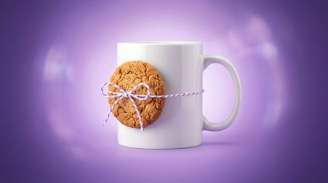 Hot Coffee Cup with Cookies on Purple Background