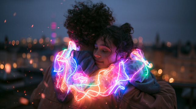 Romantic Couple Embracing with Glowing Light Trails on Rooftop