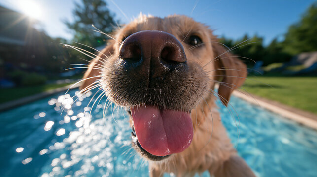 Golden Retriever Dog Sticking Tongue Out near Swimming Pool