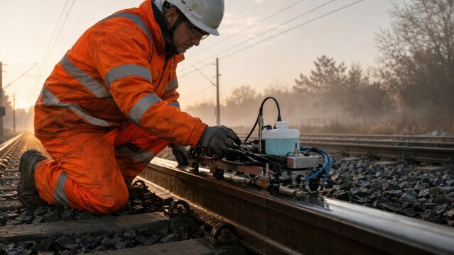 Railway inspector testing rail with ultrasonic flaw detector