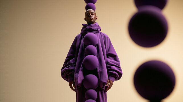 Futuristic Male Model Wearing Conceptual Purple Avant-Garde Fashion