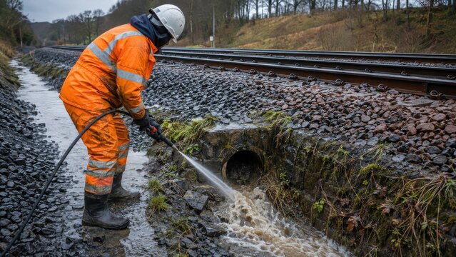 Railway worker clearing blocked trackside culvert with water hose