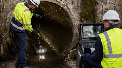 Fototapeta premium Pipeline technicians using robotic crawler for pipe inspection