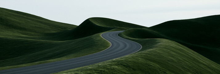 Fototapeta premium empty winding road through surreal green hills, elegant editorial landscape of a serene countryside road, cinematic luxury road scene across smooth rolling hills