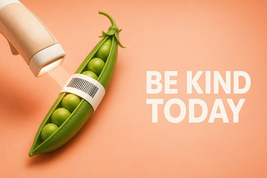 Pea Pod Barcode Kindness Concept in Soft 3D Render with Be Kind Today Text