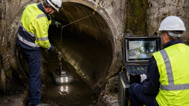 Pipeline technicians using robotic crawler for pipe inspection