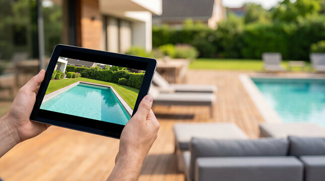 Man holding tablet with live feed of backyard pool surveillance camera. Home security system monitoring through digital device. Remote property safety management, smart home technology.