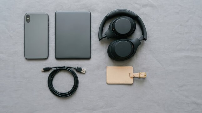 Travel essentials flat lay with smartphone tablet headphones charger and luggage tag