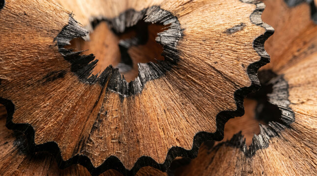 Macro shot of wooden pencil shavings with graphite edge