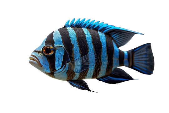 Blue black striped tropical fish viewed from the side