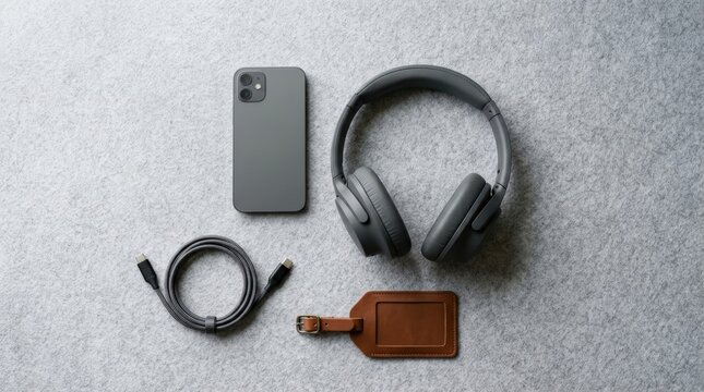 Travel essentials flat lay with smartphone headphones cable and luggage tag