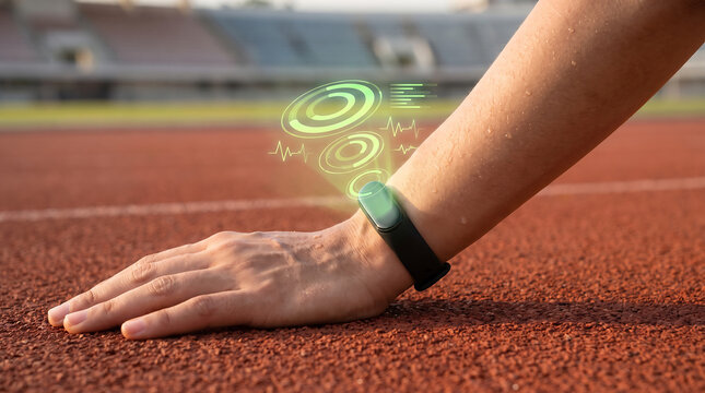 Futuristic fitness tracker with holographic interface on athlete arm, smart watch data display on running track, wearable technology for sports