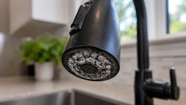 Limescale buildup on black kitchen faucet spray head