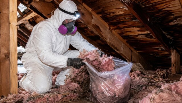 Worker removing soaked attic insulation in protective suit