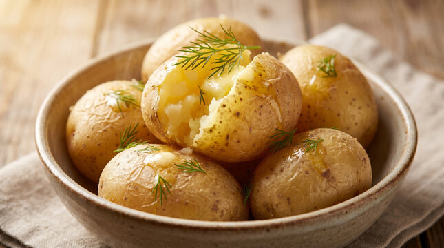 Boiled whole young potatoes with melted butter and fresh dill in a bowl