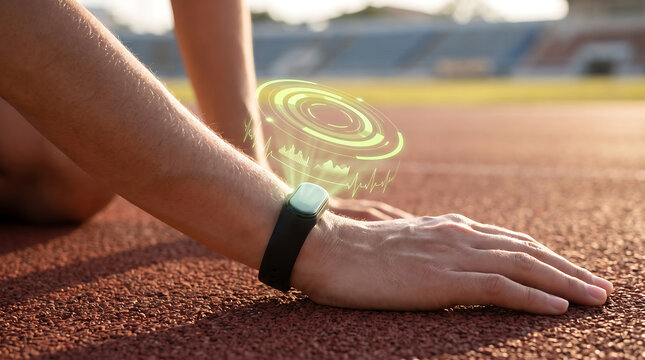 Futuristic fitness tracker on athlete wrist, smart wearable technology with holographic data display, runner using sports watch on track
