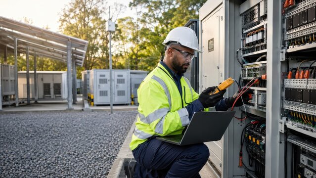 Engineer testing solar inverter at microgrid site