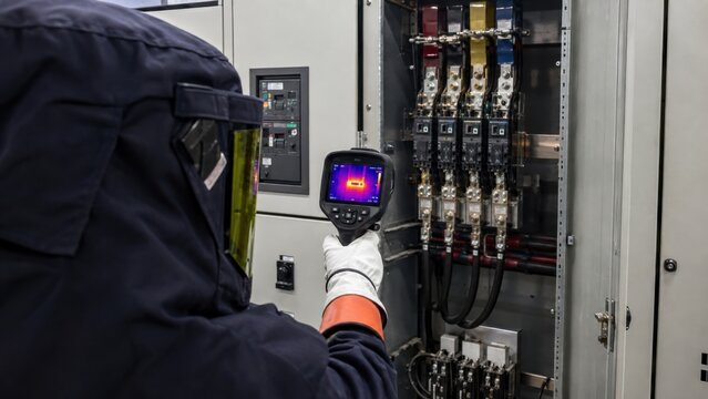 Electrician using thermal imaging camera on electrical switchgear