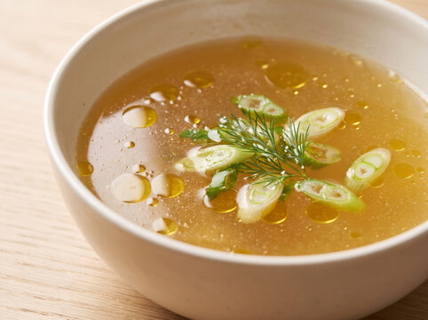Clear bone broth soup with green onions and olive oil in a bowl