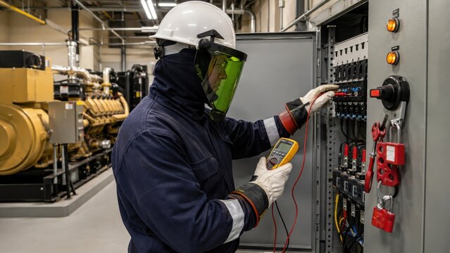 Electrician in arc flash PPE testing backup generator switch
