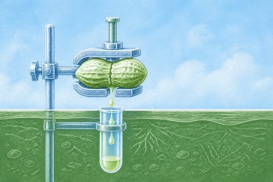 Peanut oil extraction concept in a laboratory style illustration