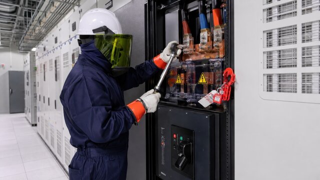 Electrician in arc flash PPE inspecting data center power unit