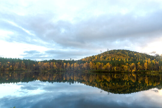 Mirror Calm Barduelva River with Autumn Forested Hill Under Heavy Northern Clouds