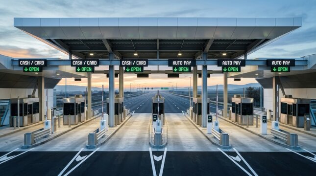 Modern Highway Toll Booths Open For Vehicle Passage At Dusk